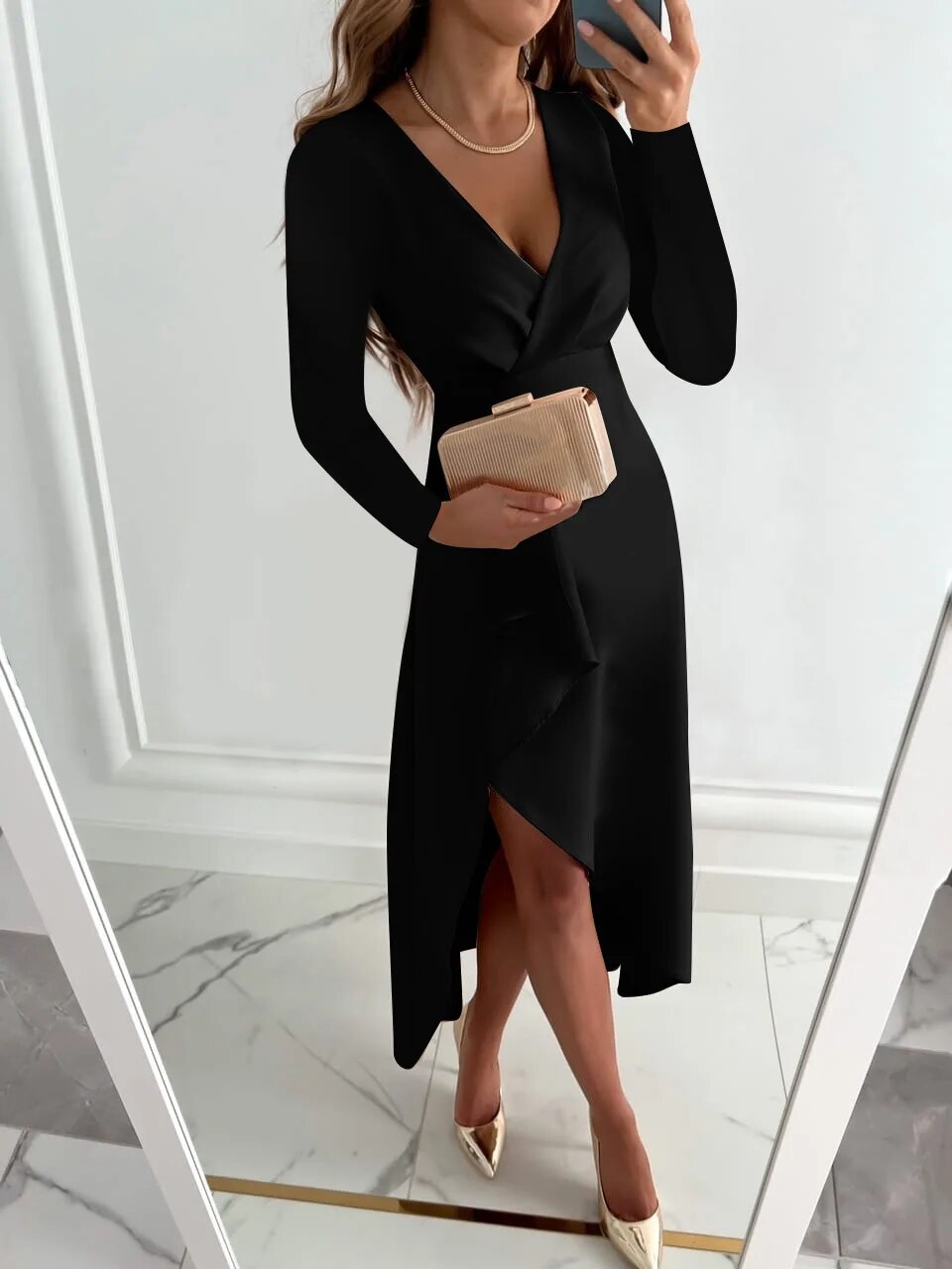 Elena Asymmetric V-Neck Midi Dress