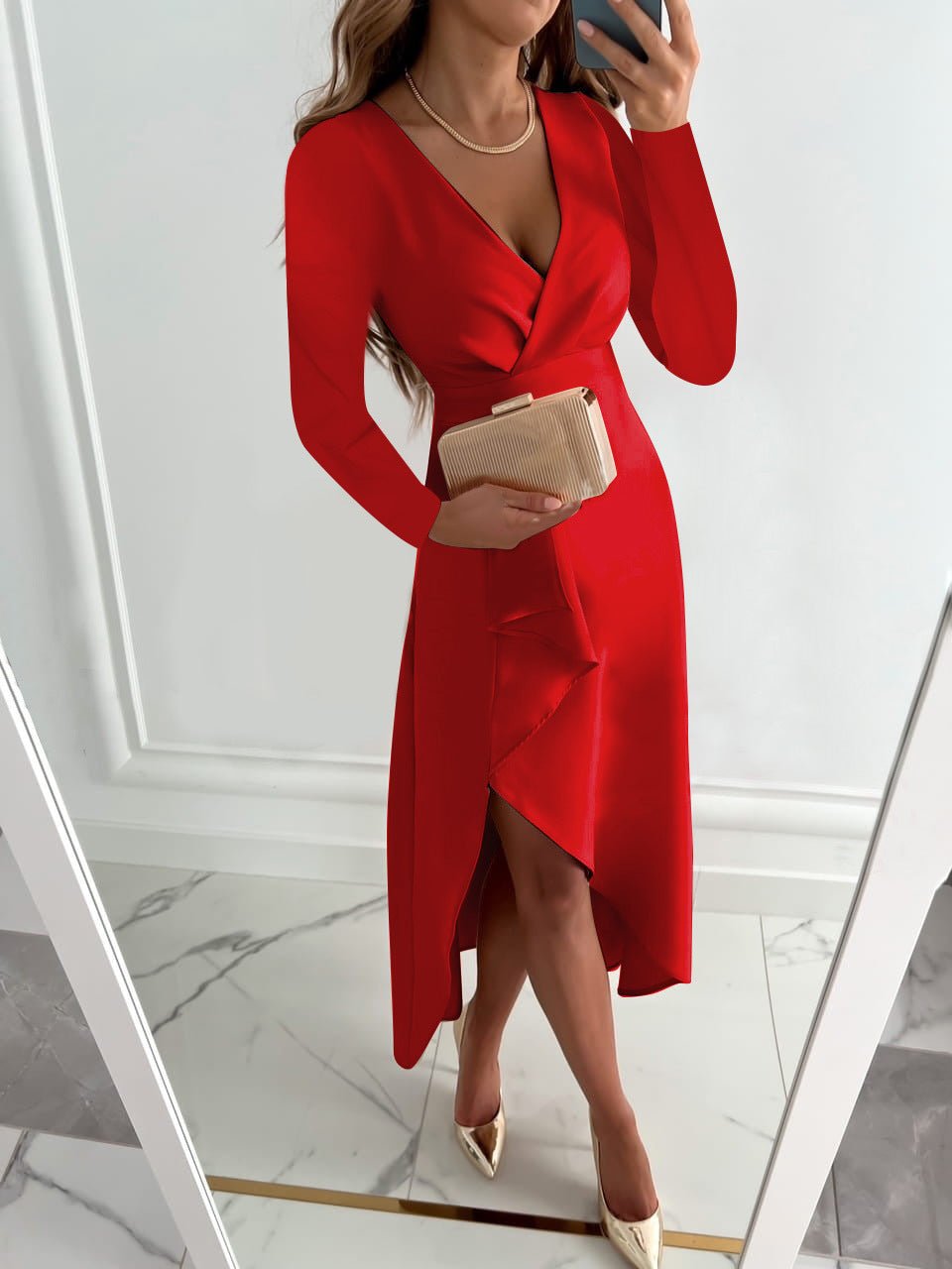 Elena Asymmetric V-Neck Midi Dress